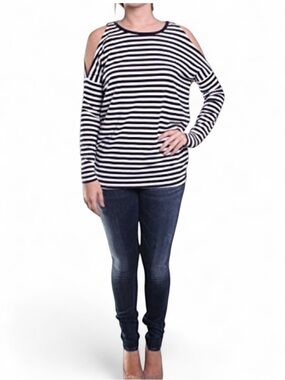 Michael Kors Navy and White Striped Cold-Shoulder Long Sleeve Tee